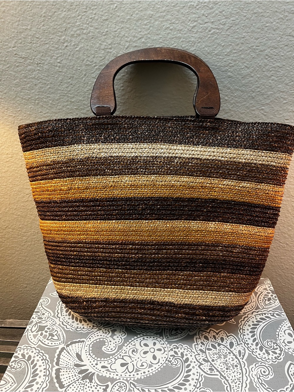 Woven Straw Tote Bag in Brown and Tan